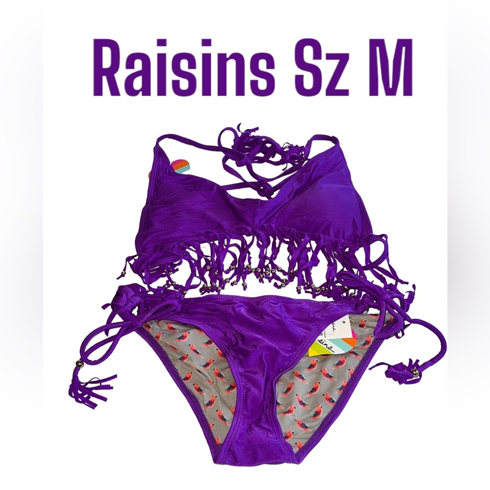 Raisins 2 Pc Purple Fringe With Silver Beads Halter Bikini Swimsuit SzMedium NWT